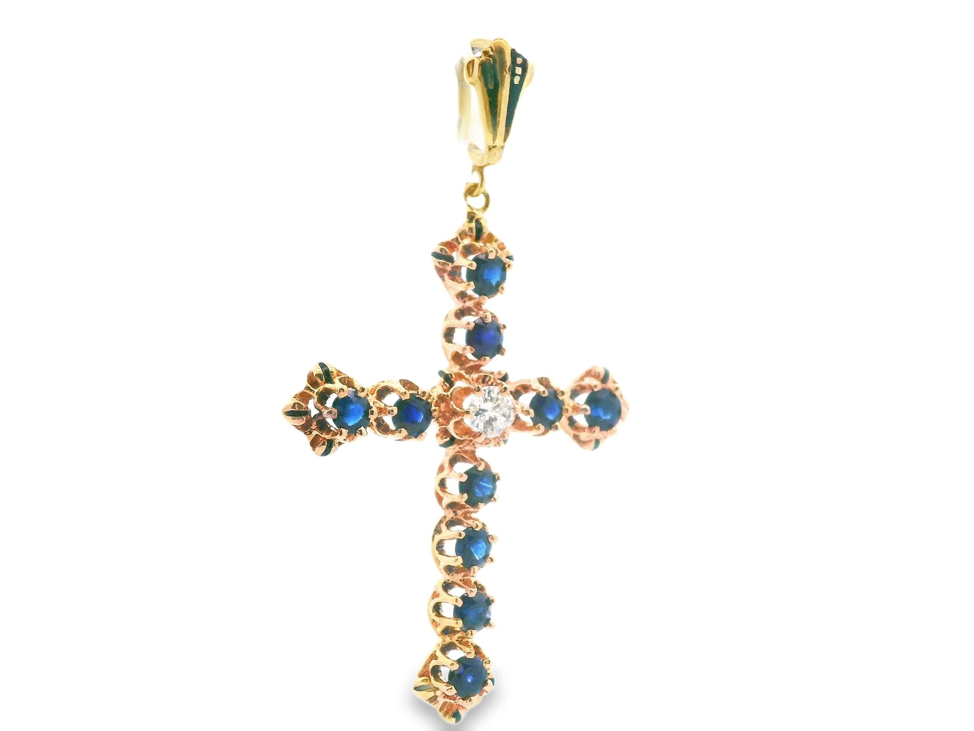 14k Yellow Gold Sapphire & Diamond Cross Pendant