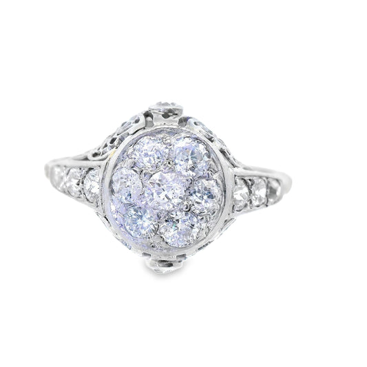 18k White Gold Old European Cut Cluster Diamond Engagement Ring