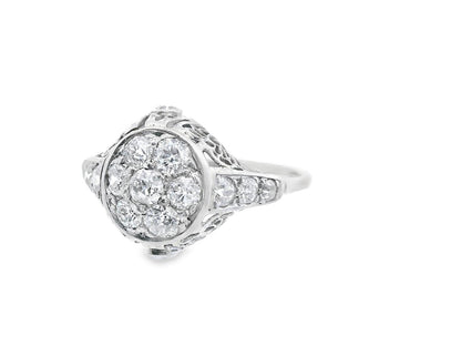 18k White Gold Old European Cut Cluster Diamond Engagement Ring