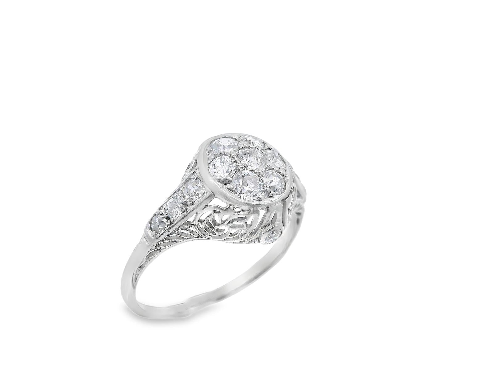 18k White Gold Old European Cut Cluster Diamond Engagement Ring