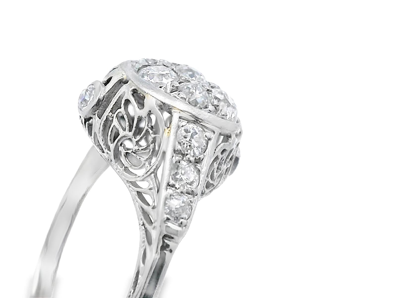 18k White Gold Old European Cut Cluster Diamond Engagement Ring