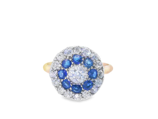 Platinum & 18k YG Antique Sapphire & Diamond Double Halo Ring
