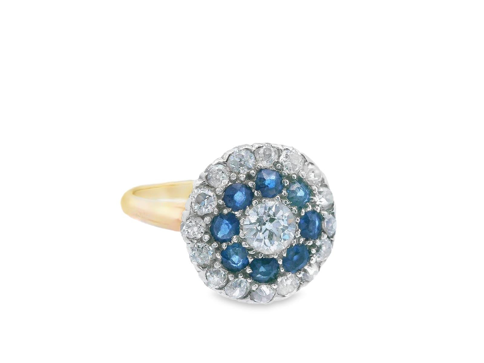 Platinum & 18k YG Antique Sapphire & Diamond Double Halo Ring