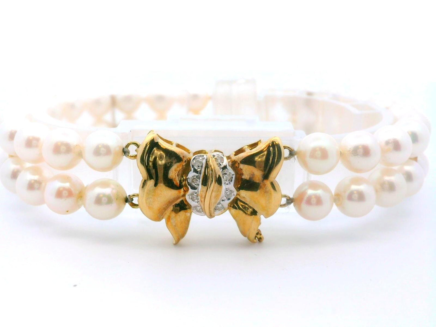 14k Yellow Gold Cultured Double Strand Pearl Bracelet w/ Diamond Clasp