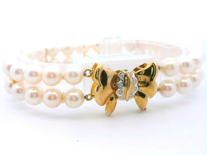 14k Yellow Gold Cultured Double Strand Pearl Bracelet w/ Diamond Clasp