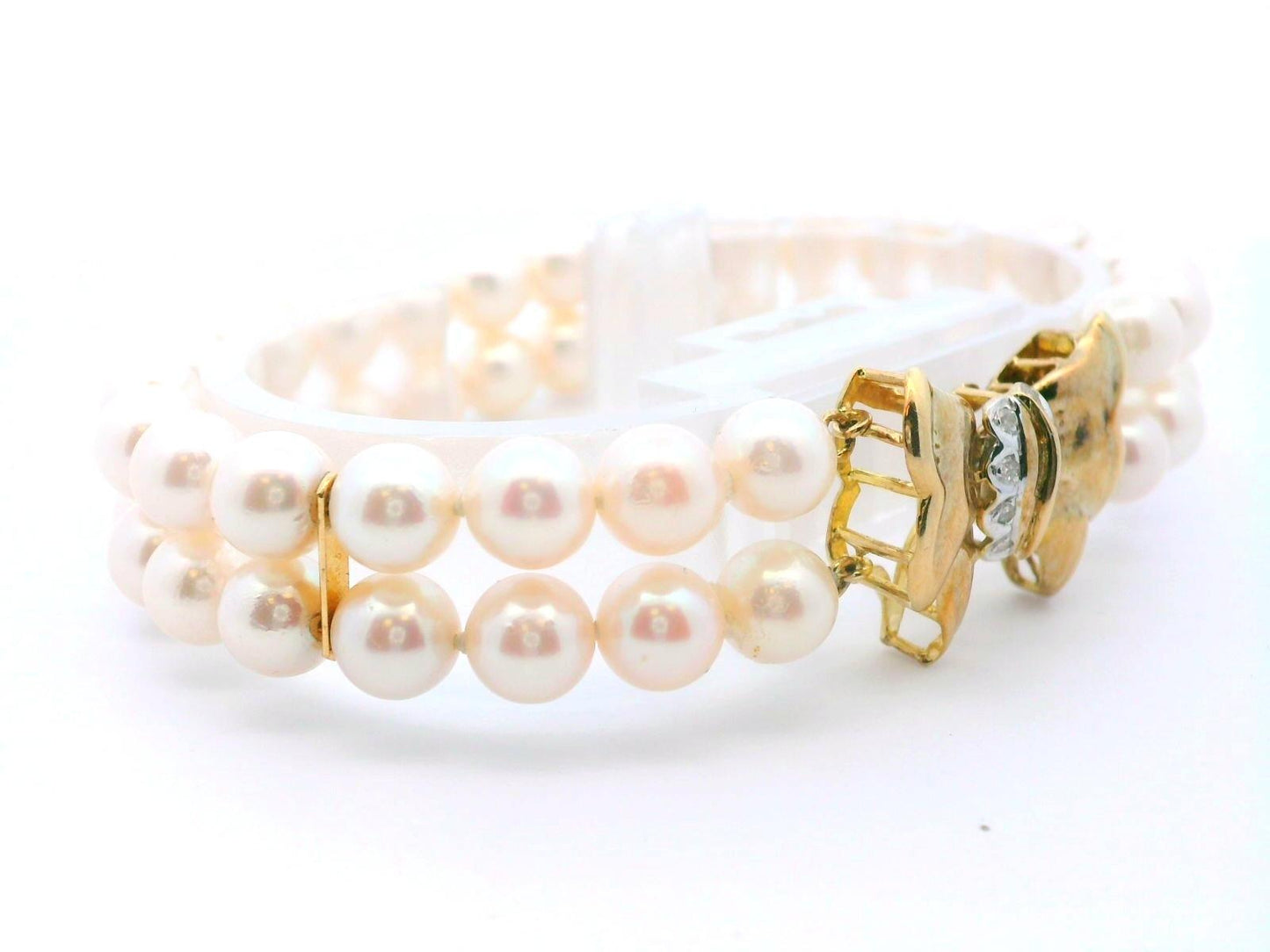 14k Yellow Gold Cultured Double Strand Pearl Bracelet w/ Diamond Clasp