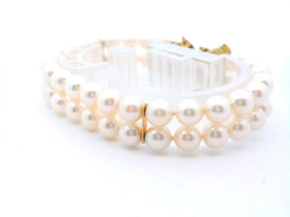 14k Yellow Gold Cultured Double Strand Pearl Bracelet w/ Diamond Clasp