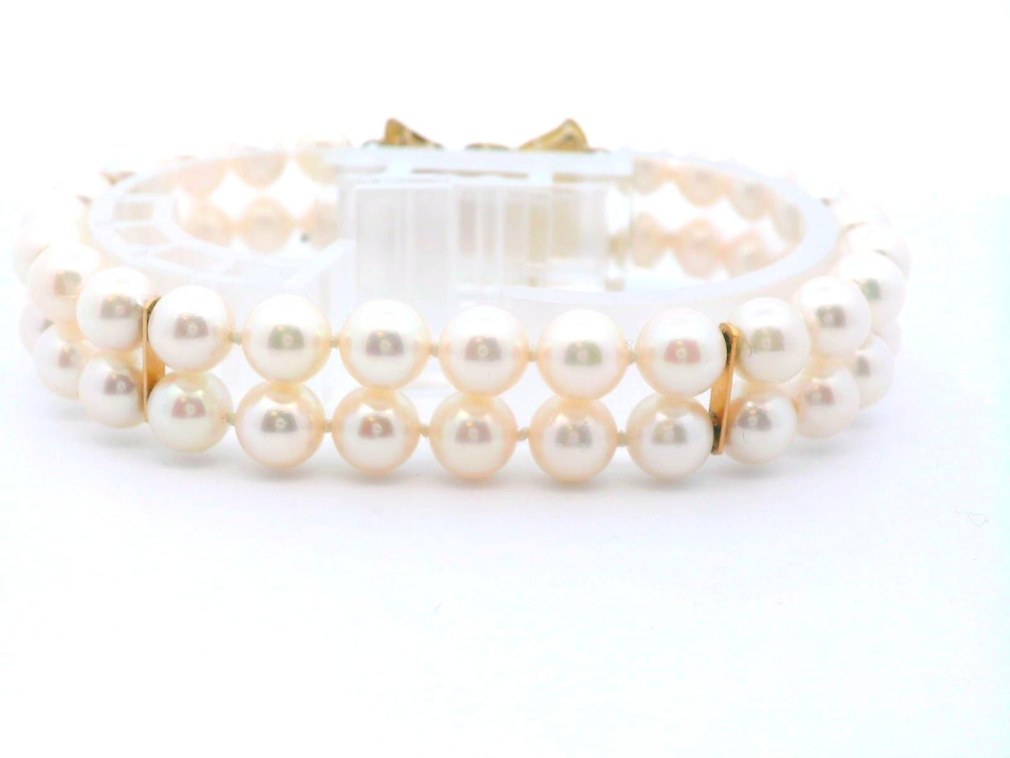 14k Yellow Gold Cultured Double Strand Pearl Bracelet w/ Diamond Clasp