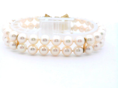 14k Yellow Gold Cultured Double Strand Pearl Bracelet w/ Diamond Clasp