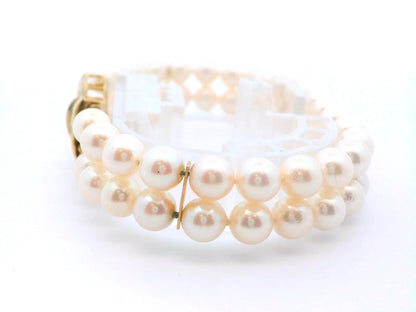 14k Yellow Gold Cultured Double Strand Pearl Bracelet w/ Diamond Clasp