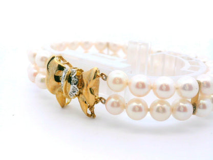14k Yellow Gold Cultured Double Strand Pearl Bracelet w/ Diamond Clasp