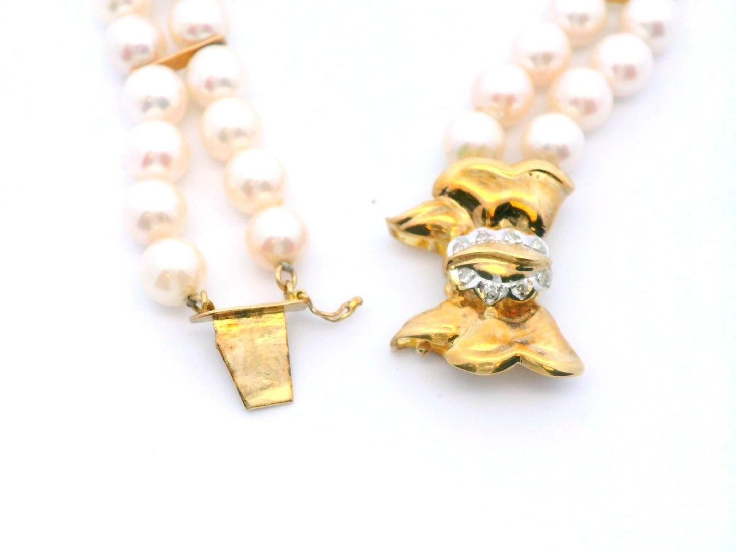 14k Yellow Gold Cultured Double Strand Pearl Bracelet w/ Diamond Clasp