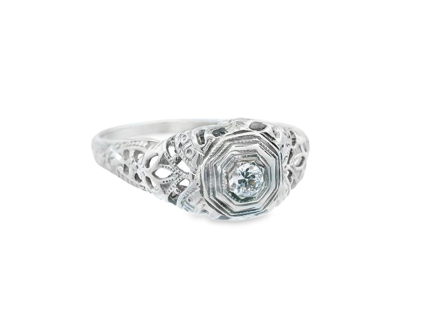 Art Deco 18k White Gold Euro Cut Diamond Filigree Engagement Ring