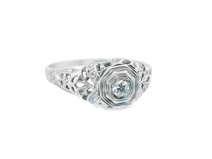 Art Deco 18k White Gold Euro Cut Diamond Filigree Engagement Ring