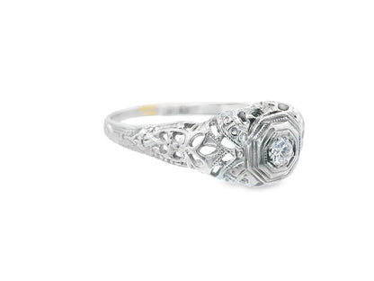 Art Deco 18k White Gold Euro Cut Diamond Filigree Engagement Ring