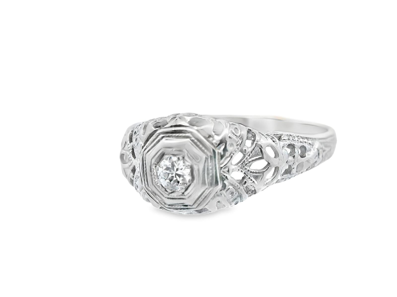 Art Deco 18k White Gold Euro Cut Diamond Filigree Engagement Ring