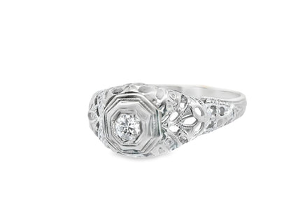 Art Deco 18k White Gold Euro Cut Diamond Filigree Engagement Ring