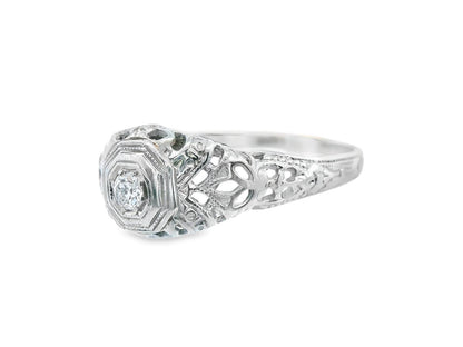 Art Deco 18k White Gold Euro Cut Diamond Filigree Engagement Ring