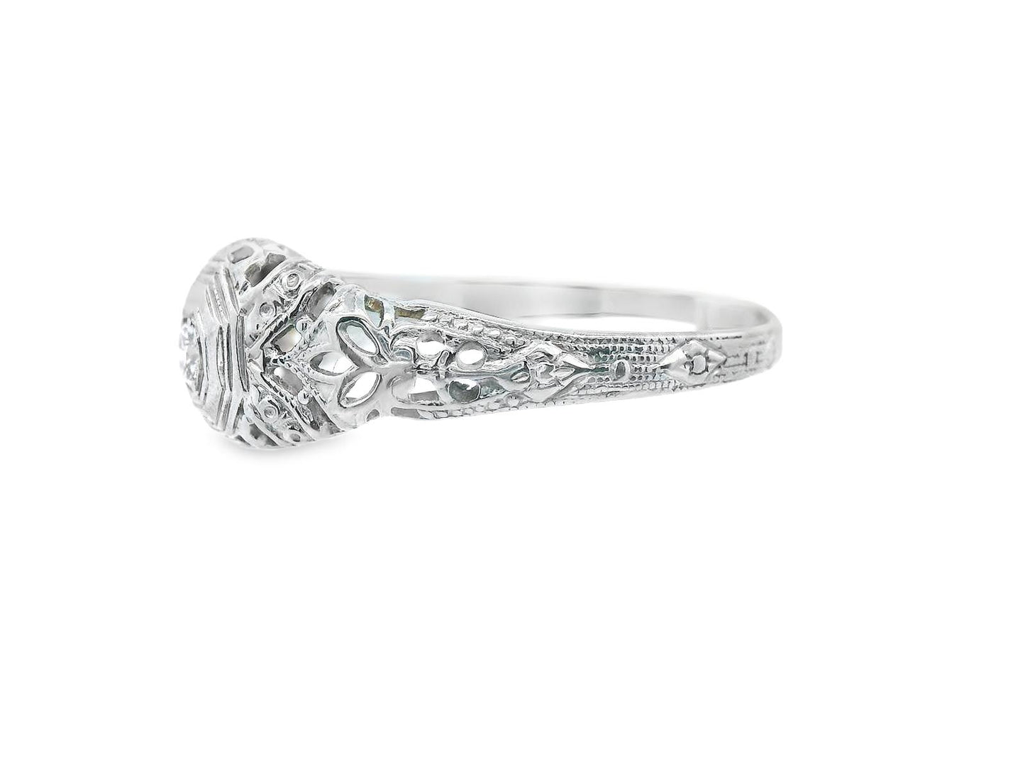 Art Deco 18k White Gold Euro Cut Diamond Filigree Engagement Ring
