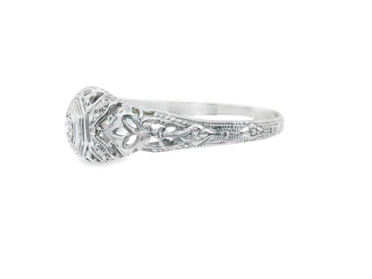 Art Deco 18k White Gold Euro Cut Diamond Filigree Engagement Ring