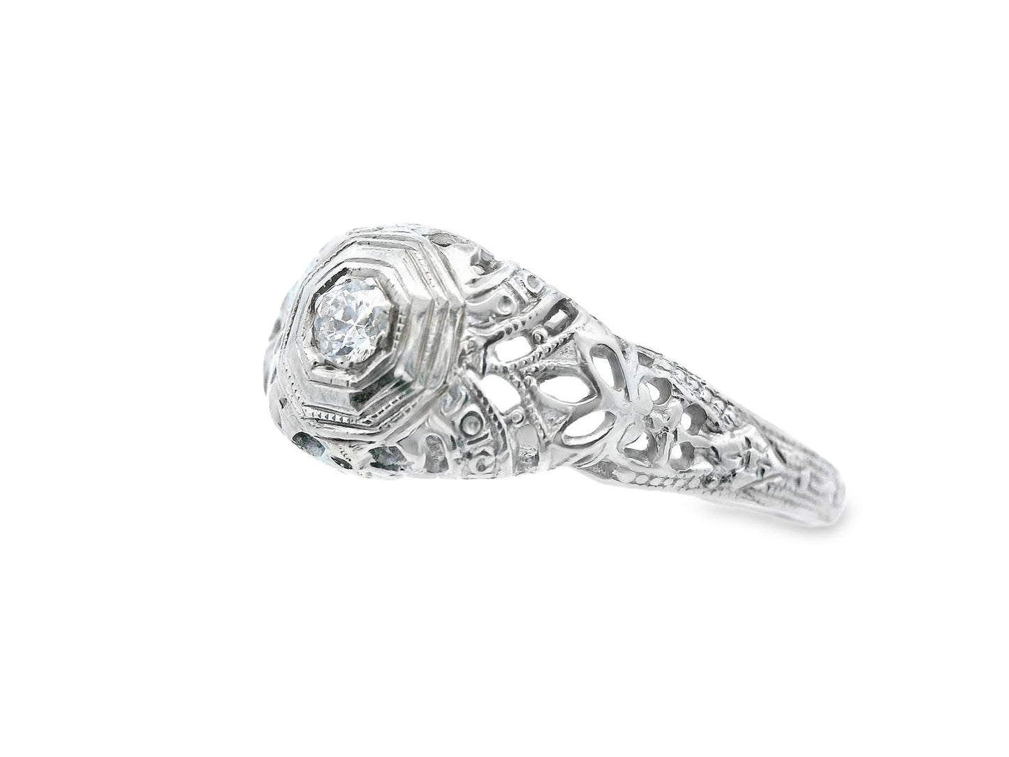Art Deco 18k White Gold Euro Cut Diamond Filigree Engagement Ring