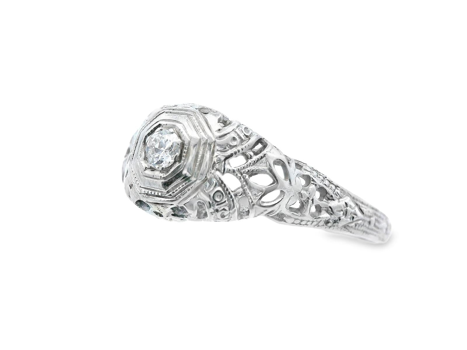 Art Deco 18k White Gold Euro Cut Diamond Filigree Engagement Ring
