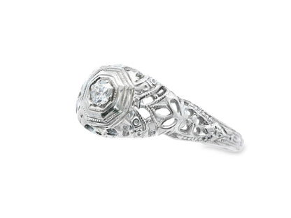 Art Deco 18k White Gold Euro Cut Diamond Filigree Engagement Ring