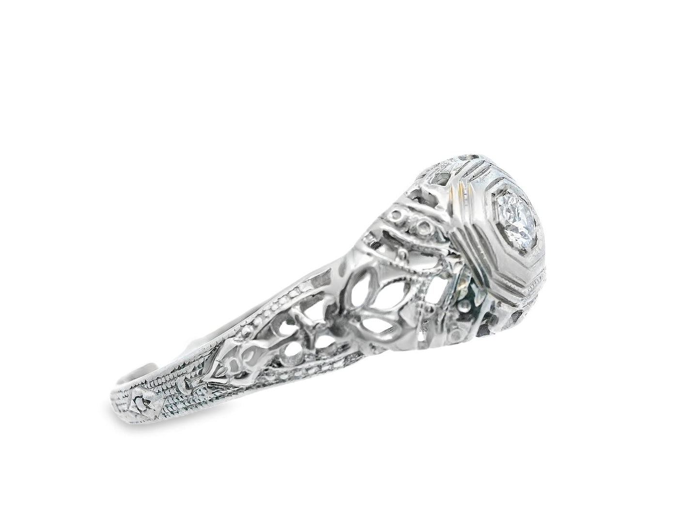 Art Deco 18k White Gold Euro Cut Diamond Filigree Engagement Ring