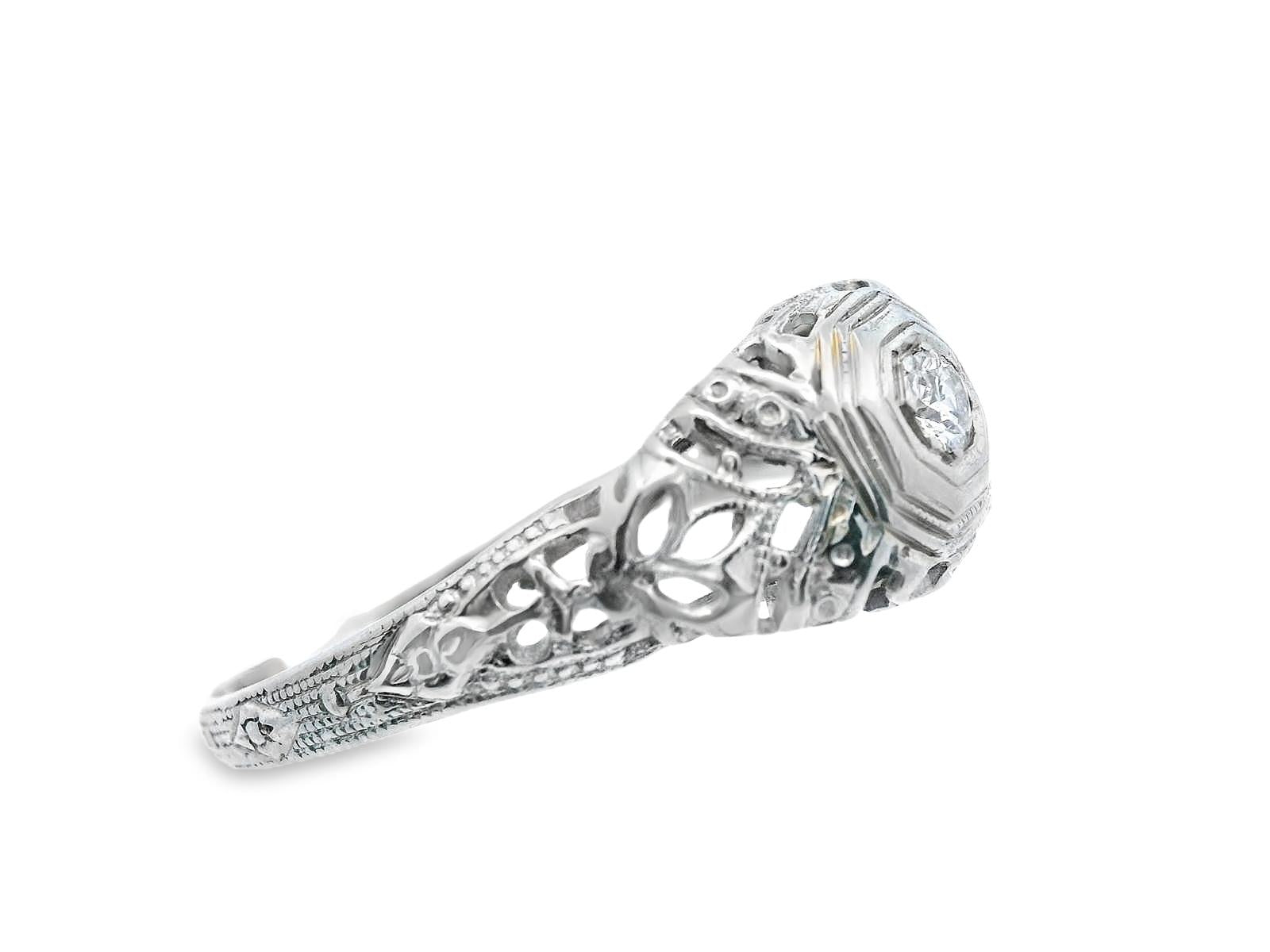 Art Deco 18k White Gold Euro Cut Diamond Filigree Engagement Ring