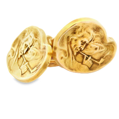 1890 Art Nouveau 14k Yellow Gold Smoking Man Cufflinks Whiteside and Blank