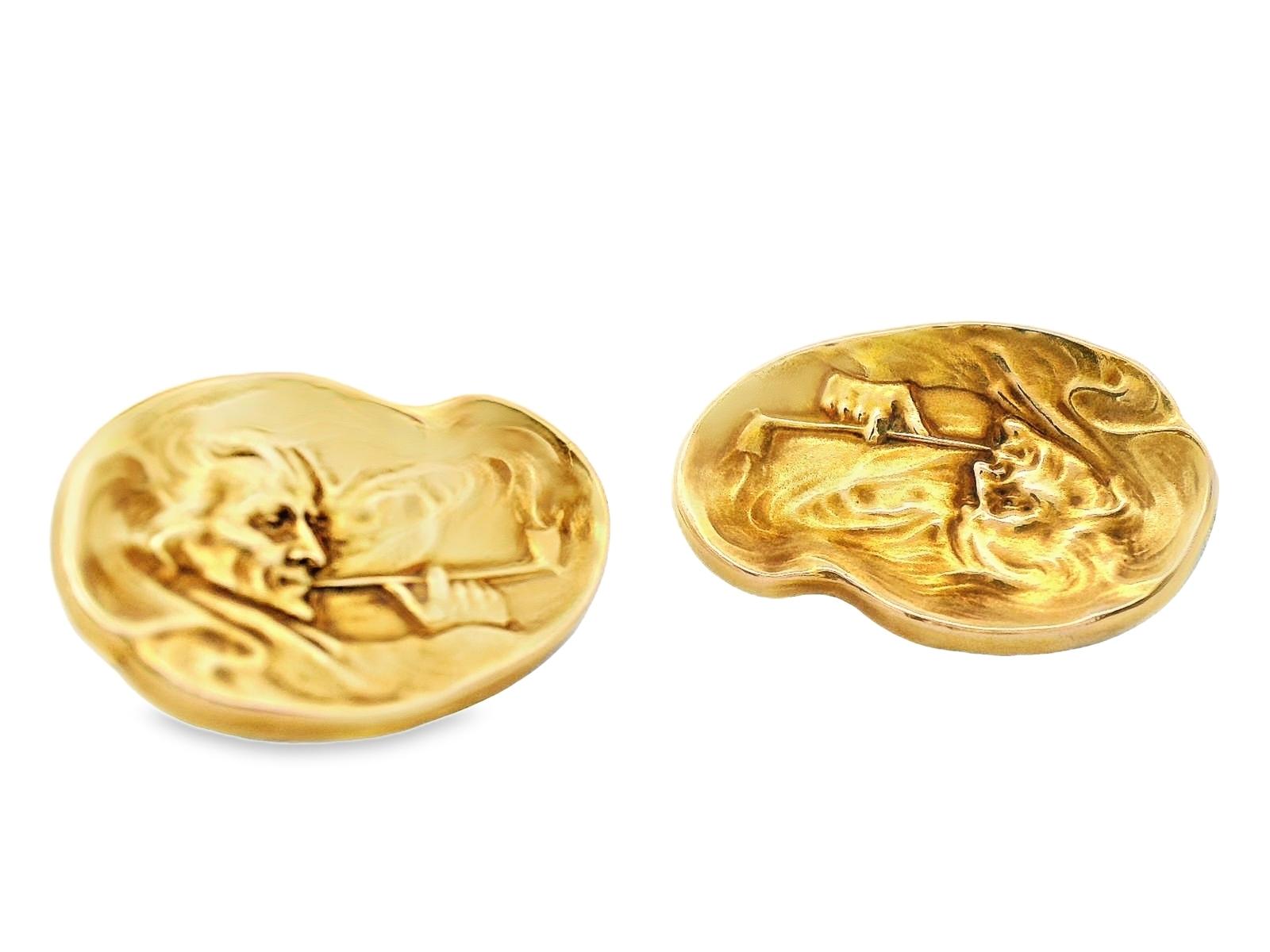 1890 Art Nouveau 14k Yellow Gold Smoking Man Cufflinks Whiteside and Blank