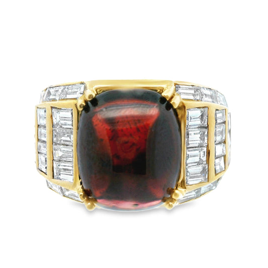 18k Yellow Gold Red Garnet and Diamond Statement Ring