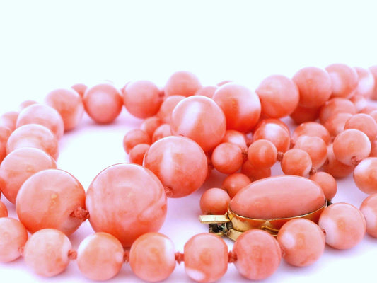 Long 18k Yellow Gold Graduating Coral Bead Necklace