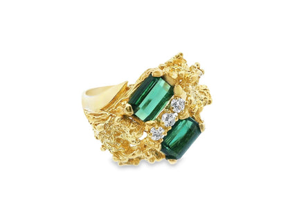 Textured 18k Yellow Gold Green Tourmaline & Diamond Ring