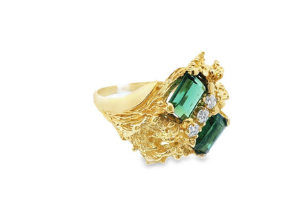 Textured 18k Yellow Gold Green Tourmaline & Diamond Ring