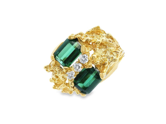 Textured 18k Yellow Gold Green Tourmaline & Diamond Ring