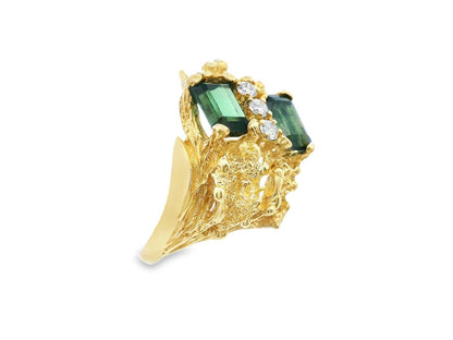 Textured 18k Yellow Gold Green Tourmaline & Diamond Ring