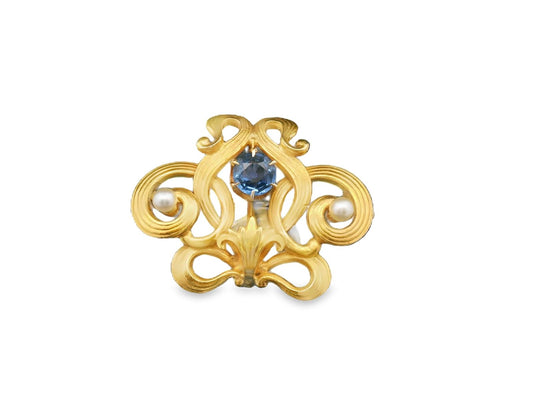 Antique 14k Yellow Gold Seed Pearl & Sapphire Brooch/Watch Fob