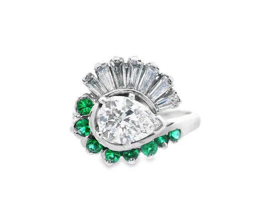 14k White Gold Pear Shaped Diamond and Emerald Ring with GIA Report