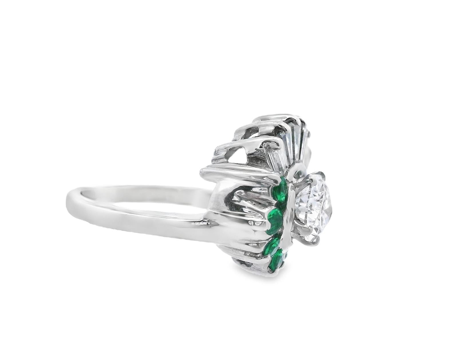 14k White Gold Pear Shaped Diamond and Emerald Ring with GIA Report