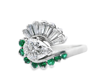 14k White Gold Pear Shaped Diamond and Emerald Ring with GIA Report