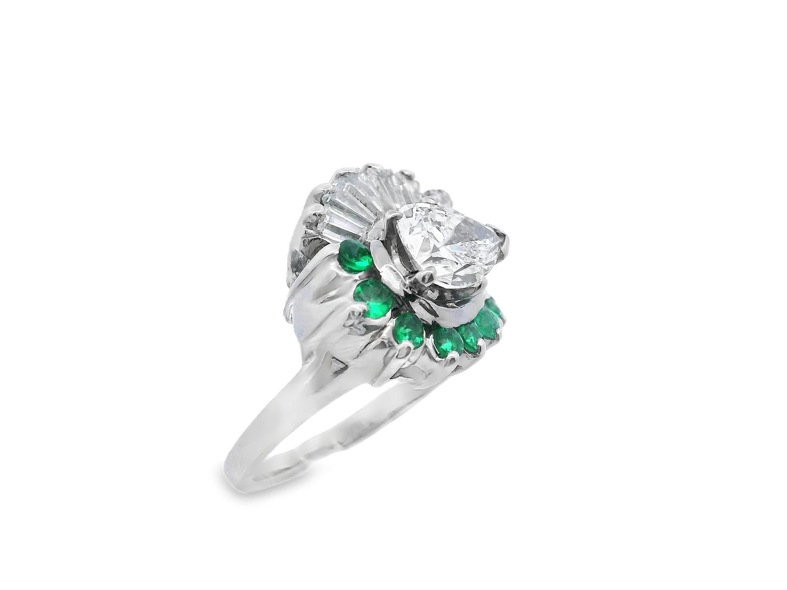 14k White Gold Pear Shaped Diamond and Emerald Ring with GIA Report