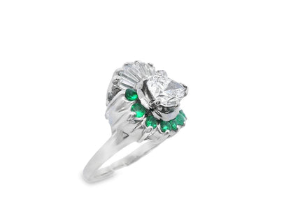 14k White Gold Pear Shaped Diamond and Emerald Ring with GIA Report