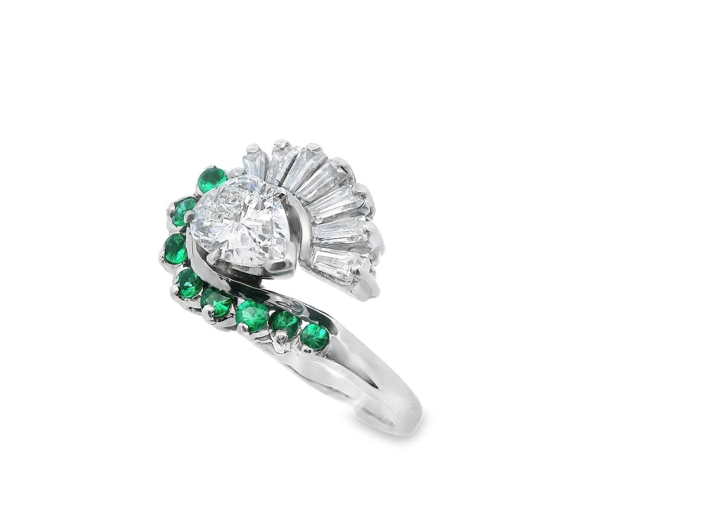 14k White Gold Pear Shaped Diamond and Emerald Ring with GIA Report