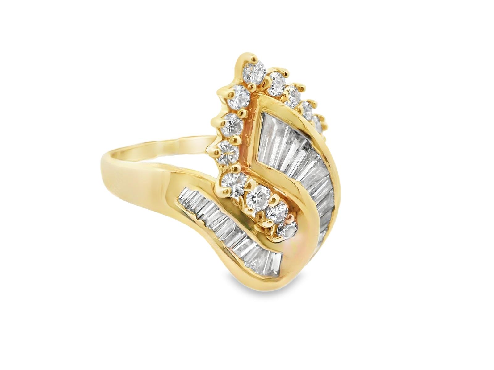 14k Yellow Gold Baguette and Round Diamond Cluster Ring