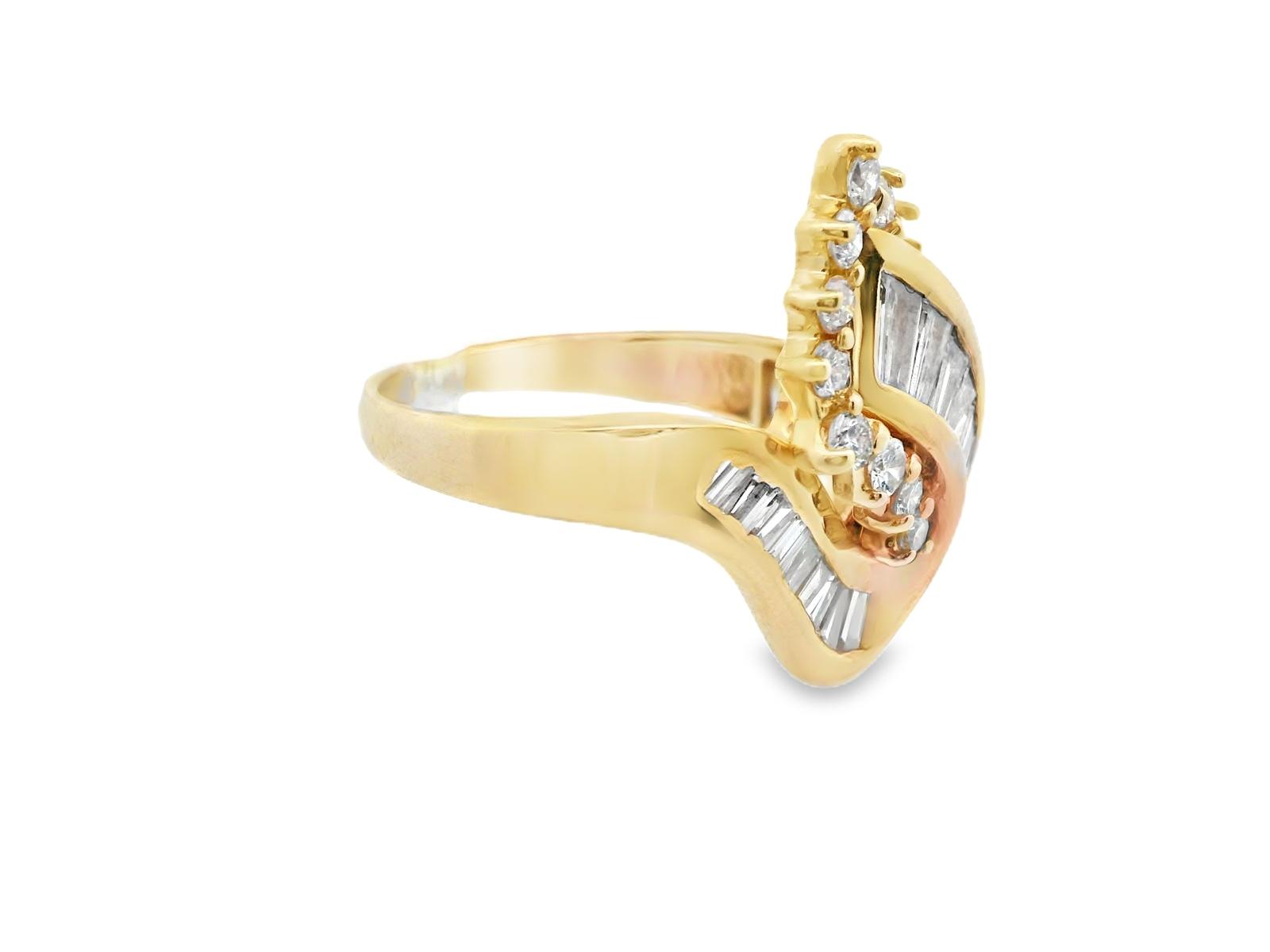 14k Yellow Gold Baguette and Round Diamond Cluster Ring