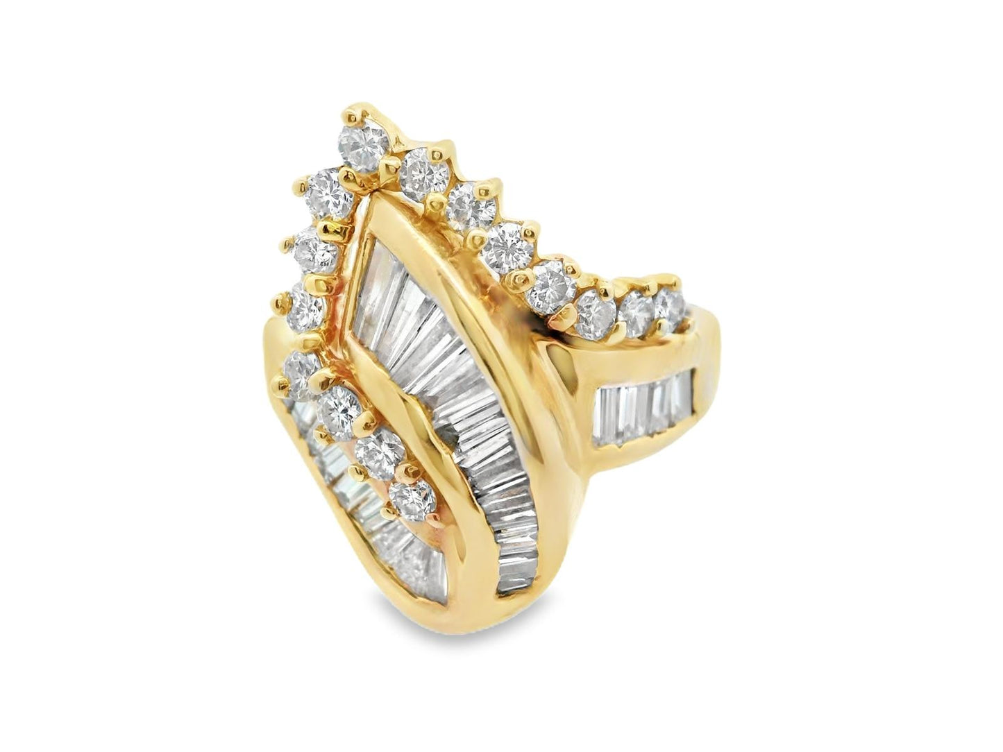 14k Yellow Gold Baguette and Round Diamond Cluster Ring