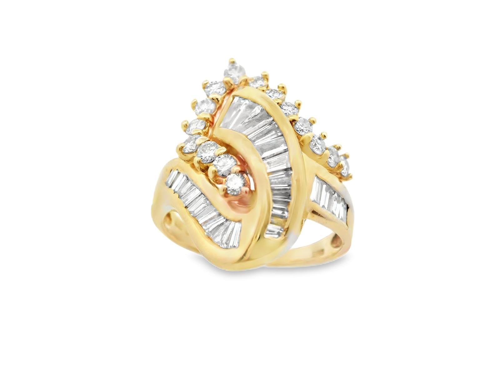 14k Yellow Gold Baguette and Round Diamond Cluster Ring