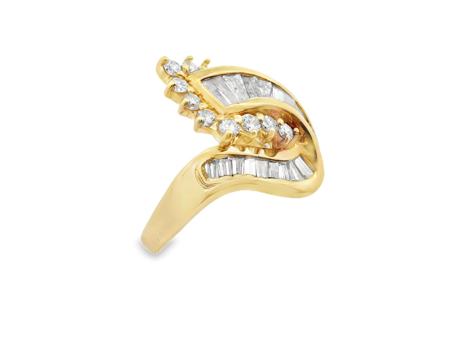 14k Yellow Gold Baguette and Round Diamond Cluster Ring