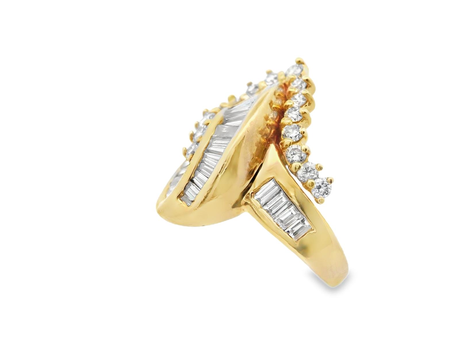 14k Yellow Gold Baguette and Round Diamond Cluster Ring